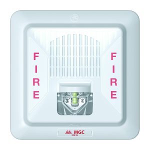 Low-frequency sounder strobe in white, set against a white background, compliant with NFPA 72 for effective emergency alerts.